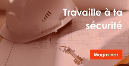 casque de chantier blanc reposant sur un plan de construction avec une clé posé tout près en haut à droite il est inscrit travaille à ta sécurité et en bas à droit un bouton magasinez